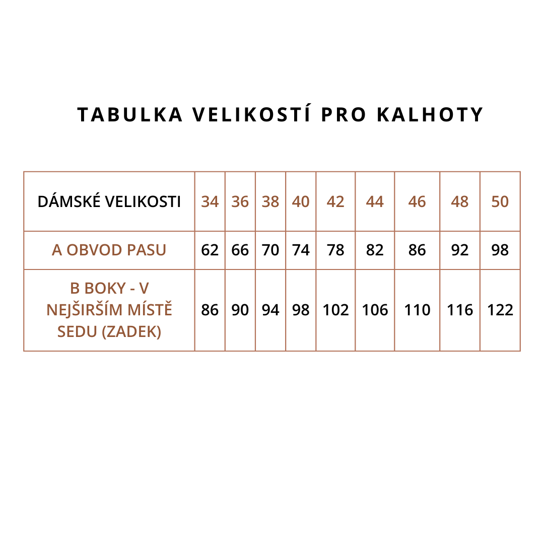 Velikostní tabulky kalhoty tallyou